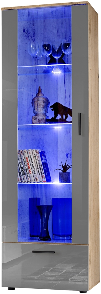 99rooms Teka Vitrine III Wotan Eiche Grau Hochglanz ohne LED-Beleuchtung Bild 1