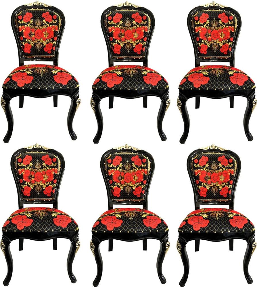 Pompöös by Casa Padrino Luxus Barock Esszimmerstühle Roses Schwarz / Rot / Gold - Esszimmer Set - 6 Pompööse Barock Stühle designed by Harald Glööckler Bild 1