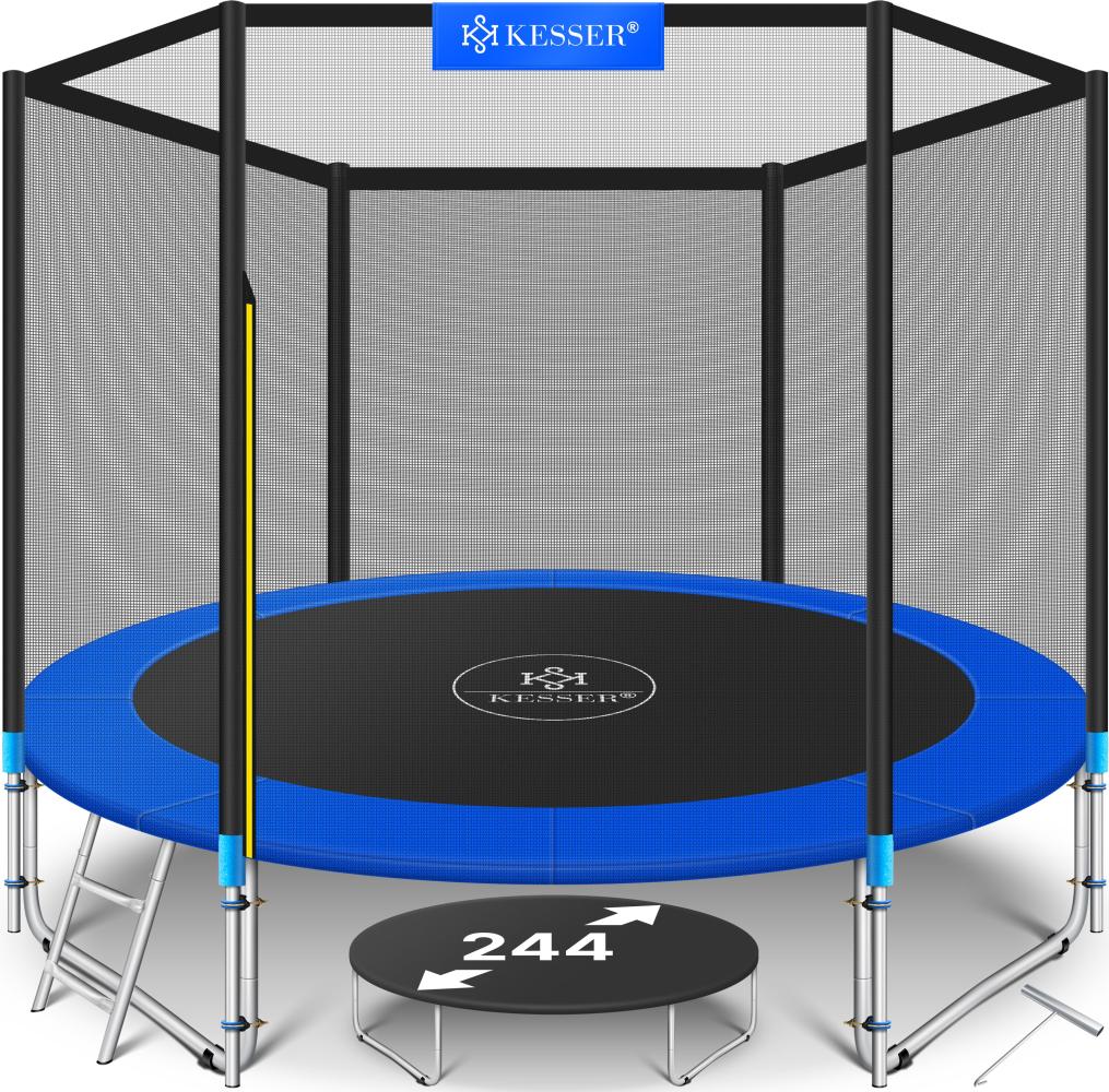 KESSER® - Trampolin | TÜV SÜD GS Zertifiziert | Komplettset mit Sicherheitsnetz, Leiter, Randabdeckung & Zubehör | Kindertrampolin Gartentrampolin Belastbarkeit 150 kg Blau, 244 cm Bild 1