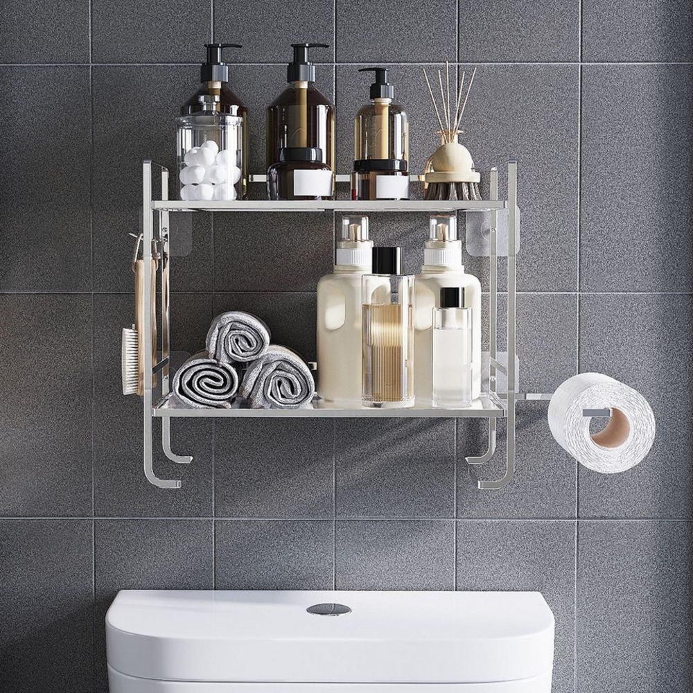 GarveeMore Badregal Neu Über der Toilette Lagerung Regal, 2-Tier Bad Lagerung Organizer, Mit Papierhalter und 2 Haken platzsparendes Metallregal zur Aufbewahru Bild 1