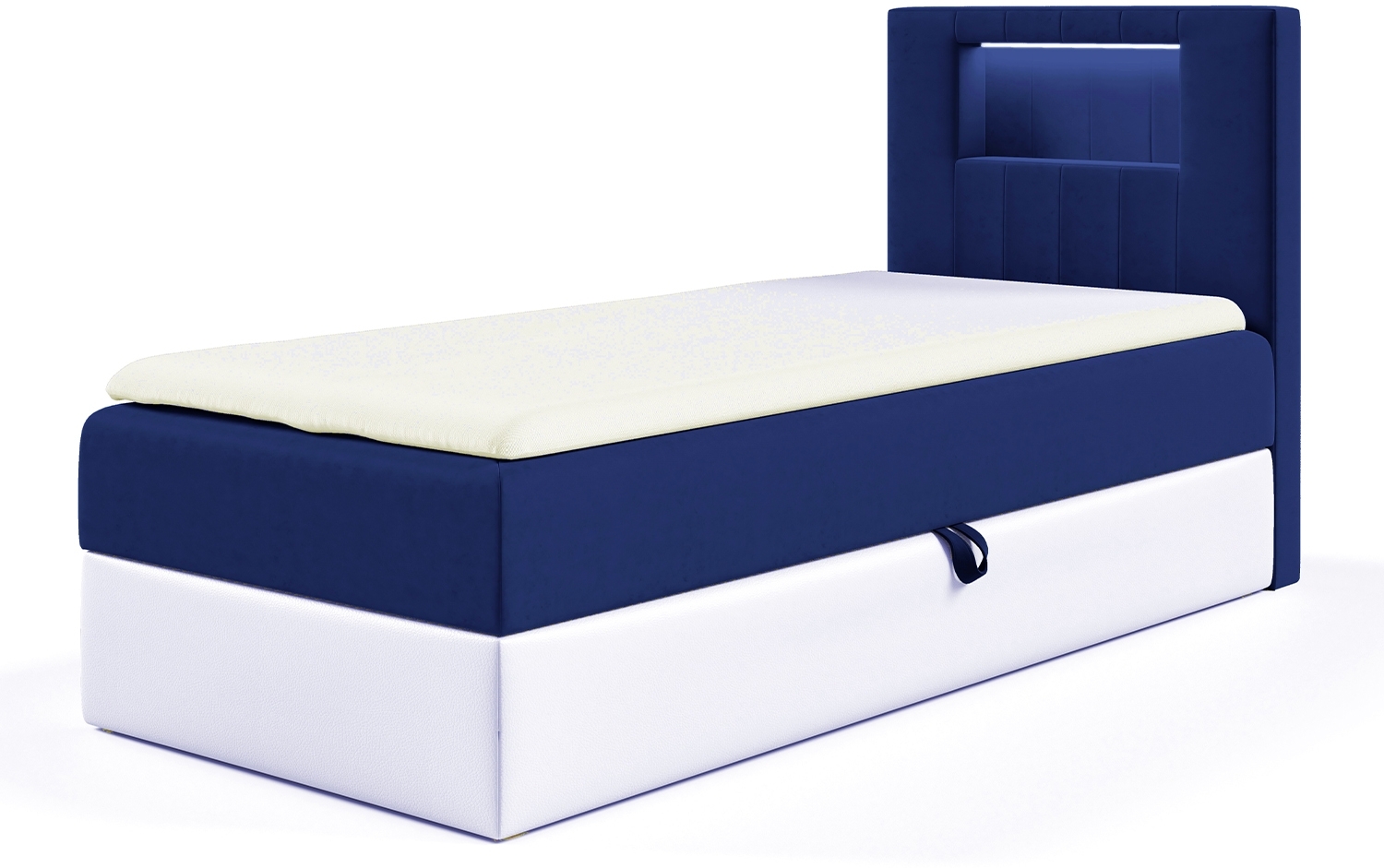 MEBLINI Kinderbett mit Bettkasten GARETH 1 90x200 Rechts – H3/Blau Samt Gepolstert Einzelbett mit Matratze - Polsterbett mit Stauraum - Bett mit Kopfteil – Stauraumbett Bild 1