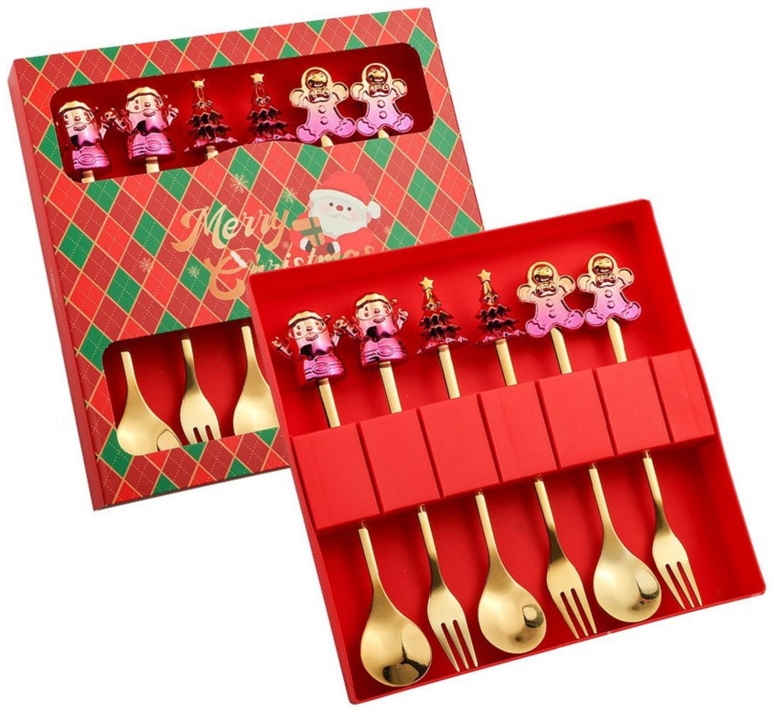 Coonoor Geschirr-Set 6 Stück Weihnachtslöffel Weihnachten Edelstahl Dessert Kaffeelöffel, Mit Weihnachtsbaum, Rentier, Weihnachtsmann und Lebkuchen dekoriert Bild 1