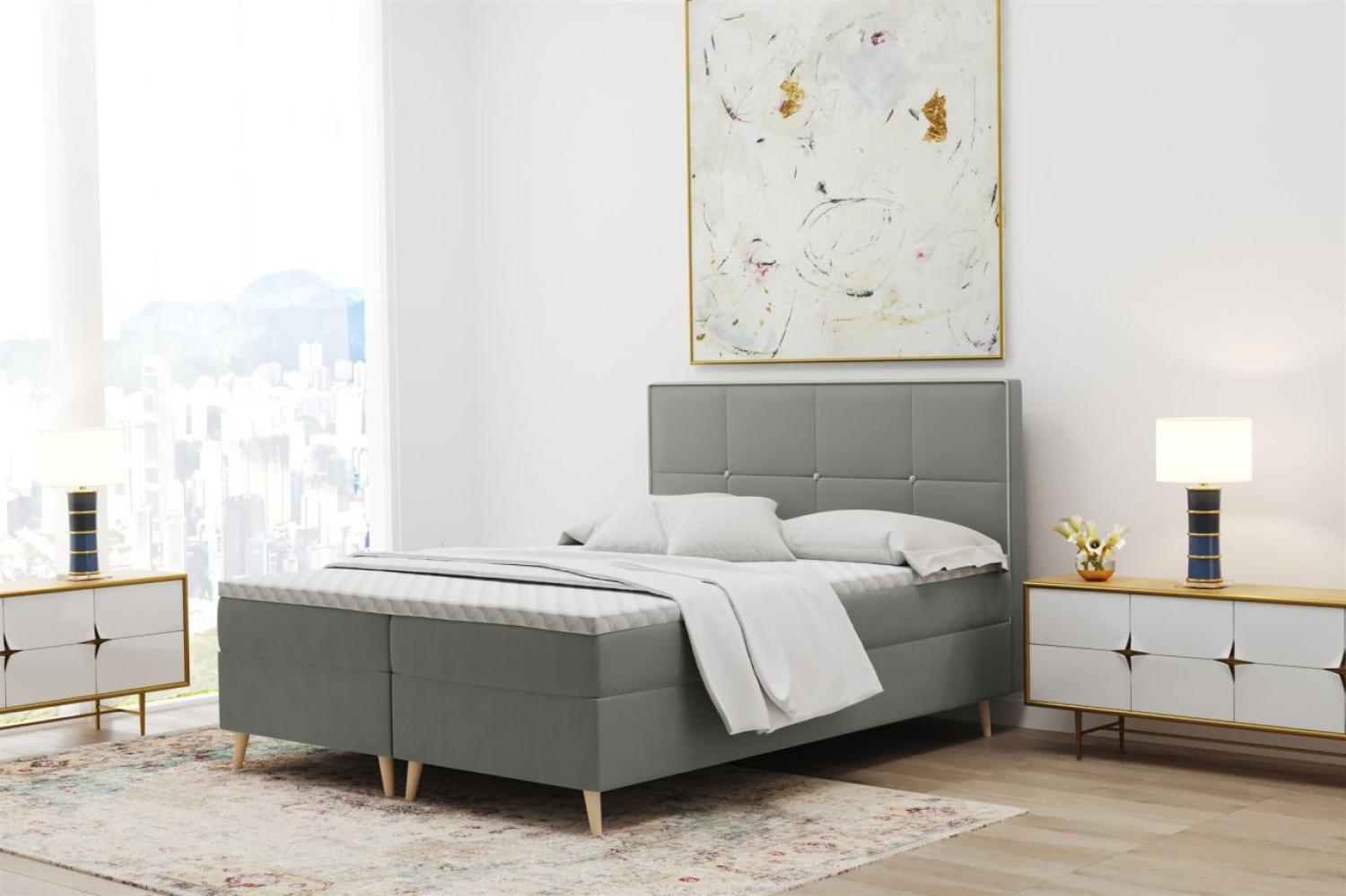 Boxspringbett Schlafzimmerbett RENAN 140x200cm in Stoff Riviera Grau Bild 1