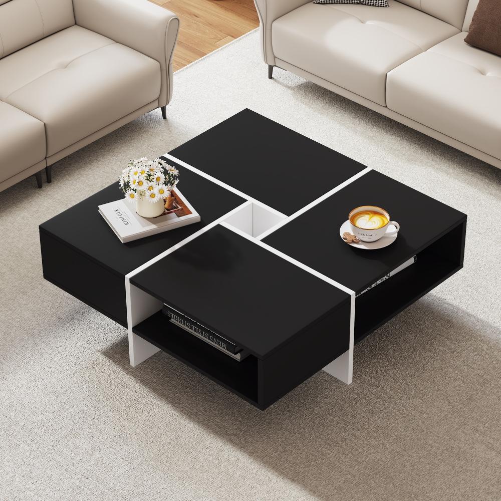 Merax Moderner quadratischer Couchtisch 70x70x35cm, 5 offene Fächer, mittleres Staufach 10x10cm, Schwarz Bild 1