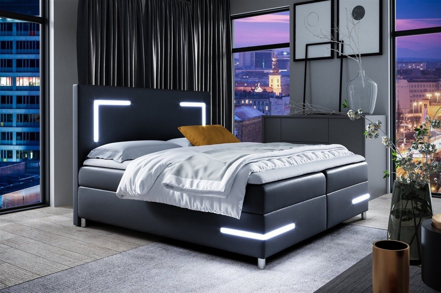 Boxspringbett Schlafzimmerbett ARIANO 200x200 cm Schwarz inkl. Bettkasten und LED Bild 1
