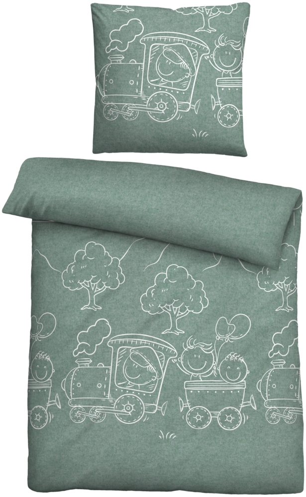 biberna Melange-Flanell Bettwäsche 0840521 LOKOMOTIVE, fichte, 1x 135x200 cm + 1x 80x80 cm Bild 1