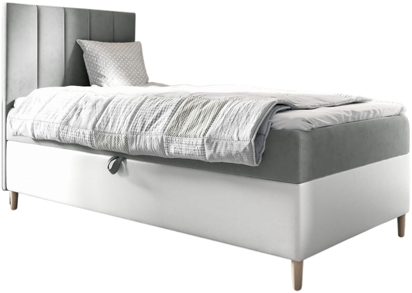 MEBLINI Kinderbett mit Bettkasten MAYA 1 100x200 Links – H3/Grau Samt Gepolstert Einzelbett mit Matratze - Polsterbett mit Stauraum - Bett mit Kopfteil – Stauraumbett Bild 1