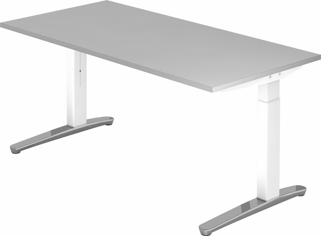 bümö® Design Schreibtisch XB-Serie höhenverstellbar, Tischplatte 160 x 80 cm in grau, Gestell in weiß/alu poliert Bild 1