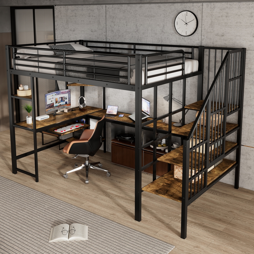 Merax Etagenbett, 120x200cm, mit Ladeanschluss, Schreibtischbereich mit Tastaturablage & Ablagebereich, Schwarz Bild 1