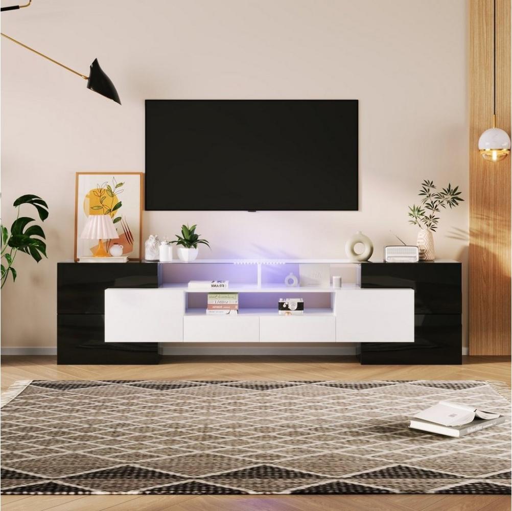 Merax Lowboard mit LED-Beleuchtung und Glasplatte, TV-Schrank mit hochglänzenden Korpus,Betonoptik,Breite 200 cm Bild 1