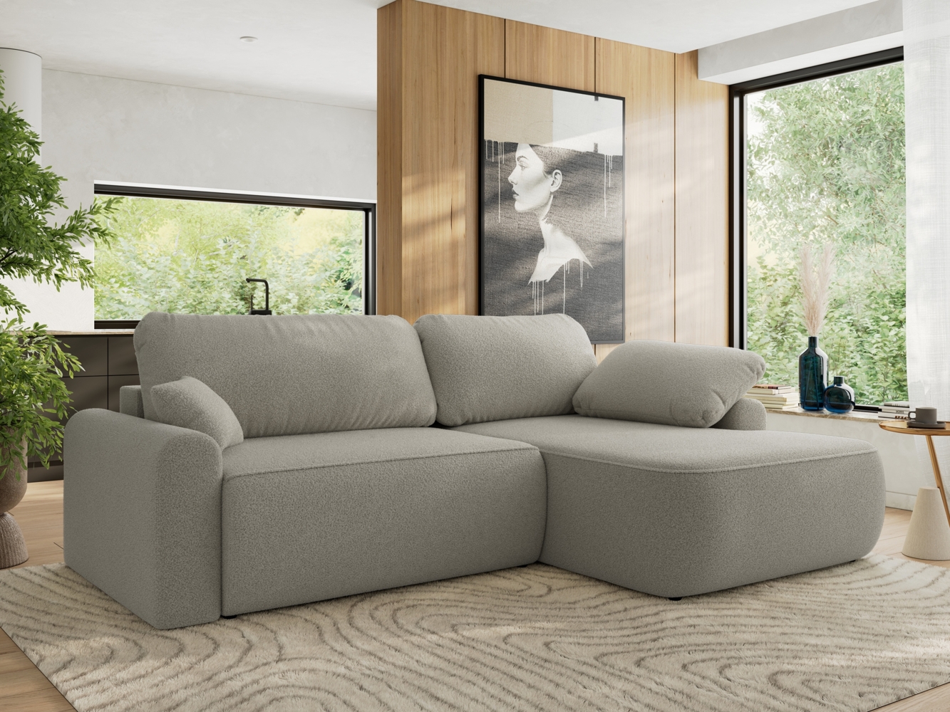 Ecksofa, L-förmiges, lose Kissen, DL-Schlaffunktion, (H 100 x T 187 x B 273 cm) - CUBO L - Boucle Hellgrau - rechte Seite Bild 1