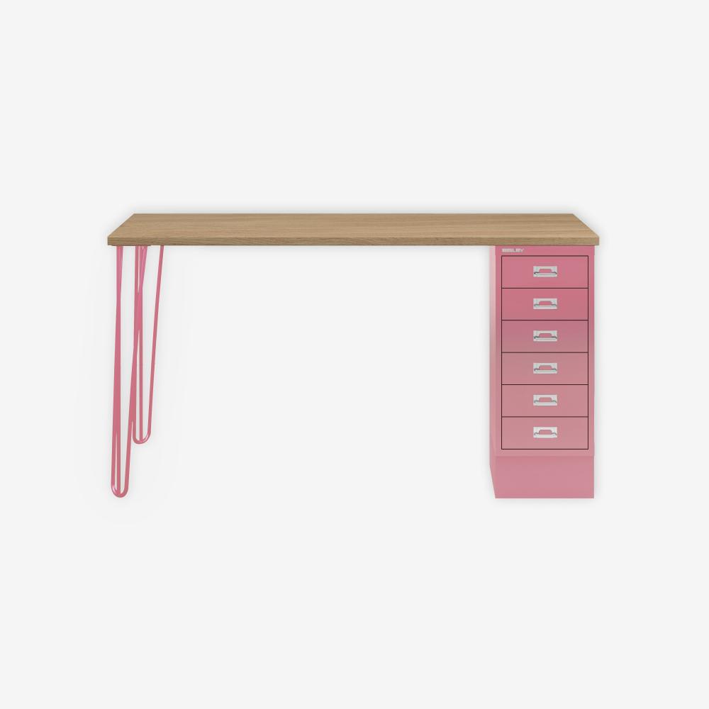 MultiDesk, 2 Stahlfüße, 1 MultiDrawer mit 6 Schüben, Dekor natürliche Eiche, Farbe Pink, Maße: H 740 x B 1400 x T 600 mm Bild 1