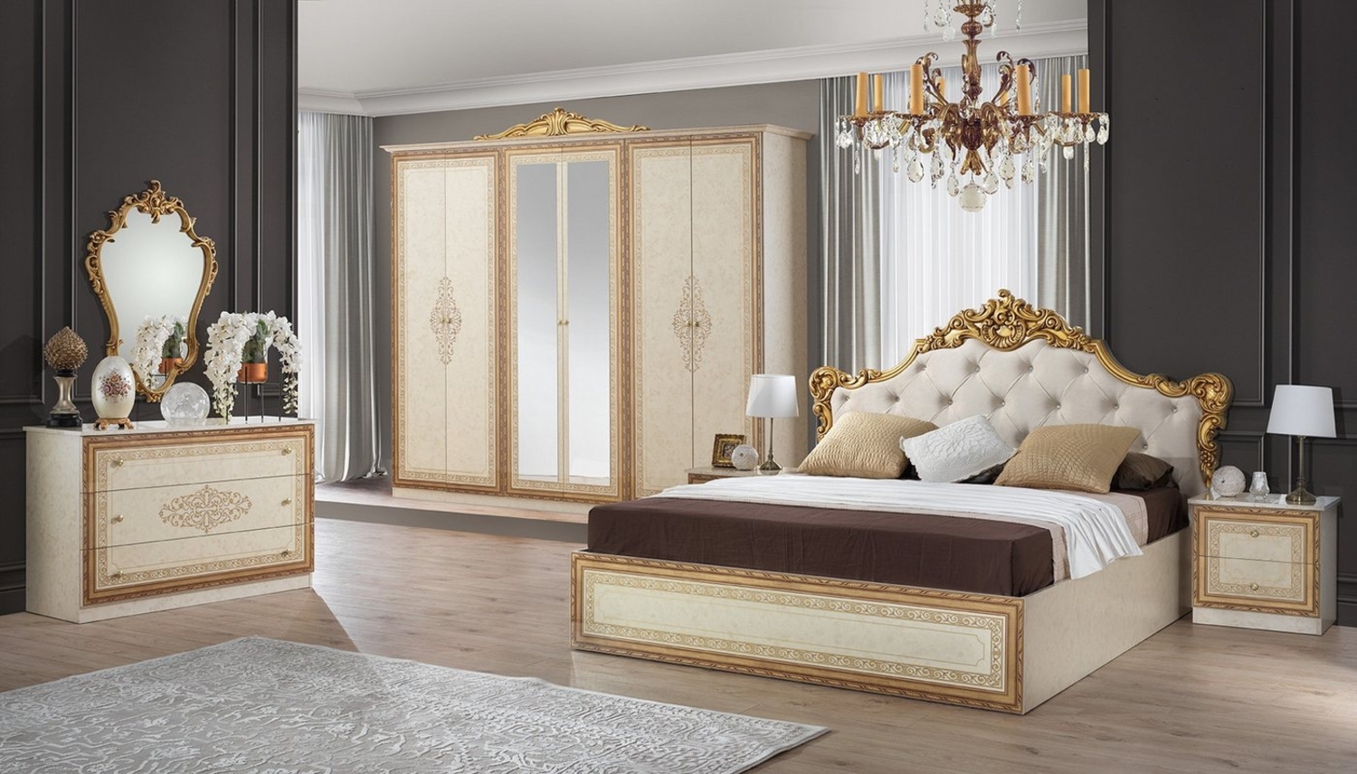 Interdesign24 Schlafzimmer-Set Giulia, (6-teilig, im ausgefallenem Barock Stil, inkl. Bett 180 x 200 cm mit Kopfteilpolsterung), in Hochglanz Beige/Gold Bild 1