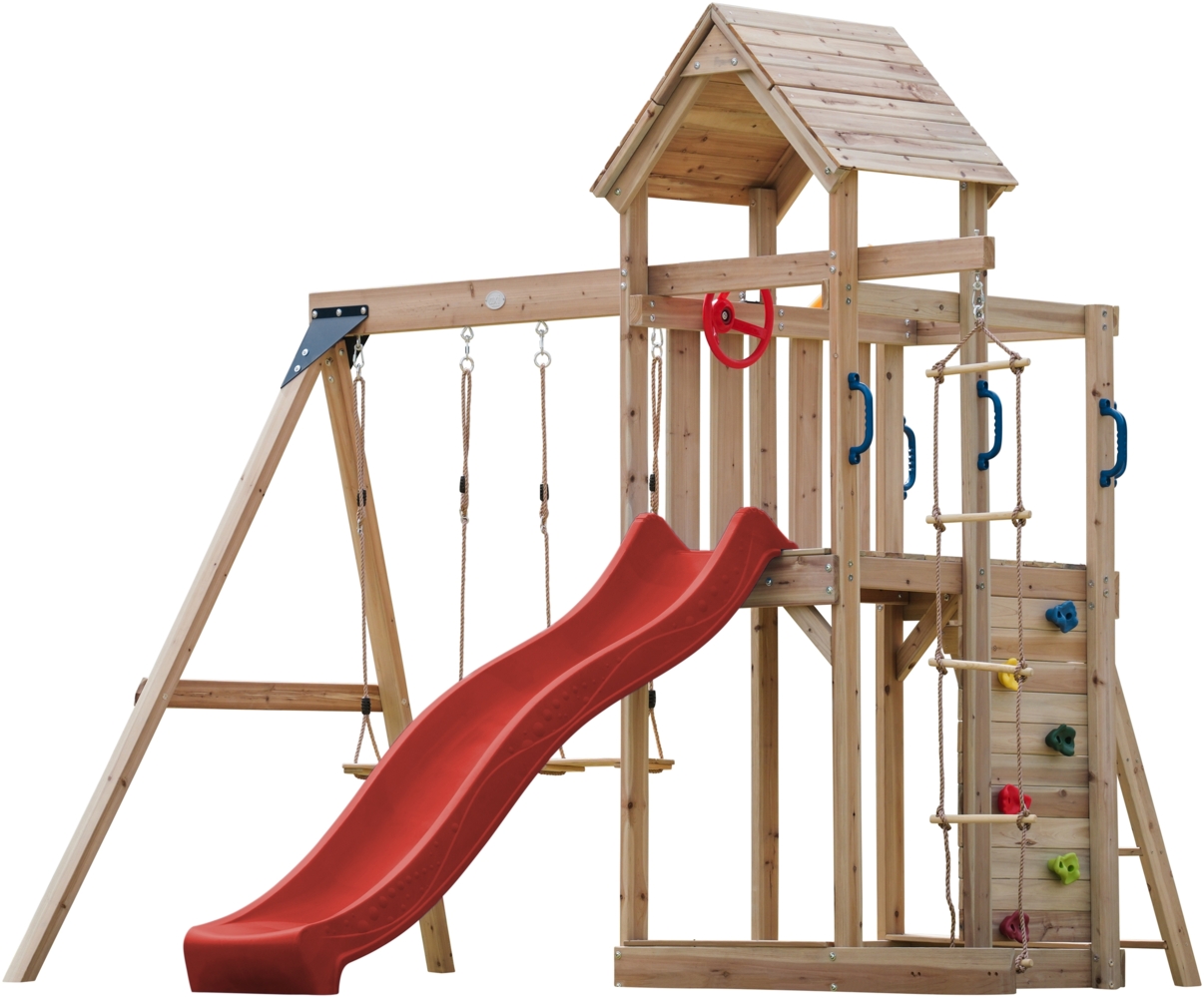 AXI Moos Spielturm aus Holz mit 2 Schaukeln & Strickleiter XXL Spielhaus / Spielplatz für Kinder mit Kletterwand, Sandkasten & Rutsche in Rot | Braun, Rot | Holz | 375 cm Bild 1