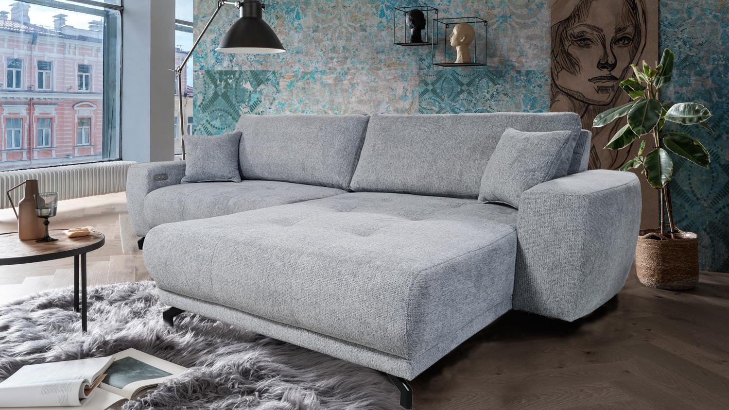 Ecksofa CAPRI Recamiere rechts Stoff silber elektrische Sitzverstellung Bild 1