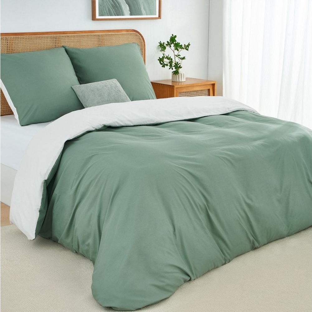 Topfinel Bettwäsche 135x200cm, Seersucker Bettwäsche-Sets, bügelfrei, allergiker, kühlende, 100% Mikrofaser, 3 teilig, 3-tlg. Salbeigrün/Weiß:1 Btz. 240x220+2 Ktz. 80x80, m. Reißvers. Bild 1