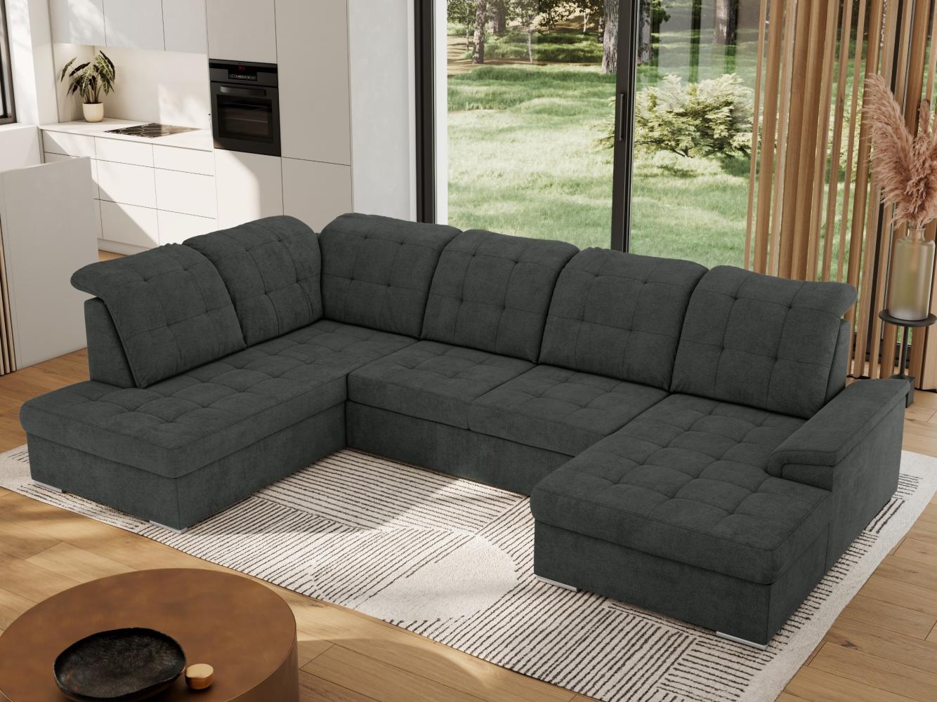 Ecksofa, Wohnzimmer U Couch, Polstersofa mit Bettkasten - MADRITO U - Dunkelgrau Struktur - Links Bild 1