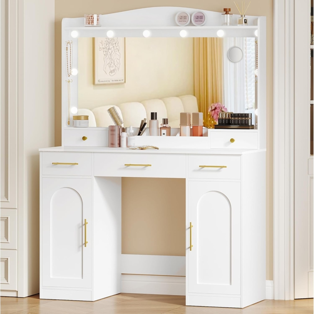 Schminktisch mit HD Großer Spiegel, Schminktisch mit 3 Farbig Einstellbare LED-Leuchten, 5 Schubladen und 2 Stauschrank, Offene Aufbewahrung, Schlafzimmer, 40 x 108 x 149 cm, Weiß Bild 1
