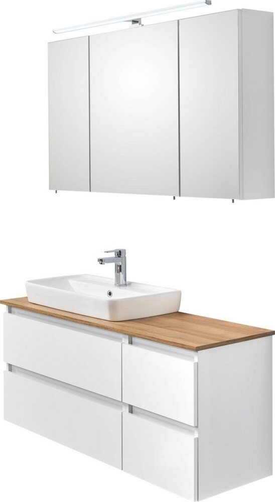 Saphir Badmöbel-Set Quickset 360 2-teilig, Keramik-Aufsatzbecken mit LED-Spiegelschrank, (2-St), Waschtischplatte, 115 cm breit, Weiß Glanz, 3 Türen, 4 Schubladen Bild 1