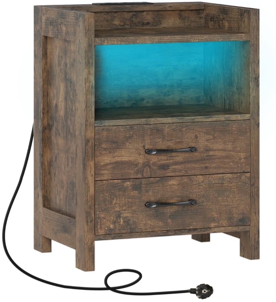 Nachttisch mit LED-Lichtern & Ladestation Nachtschrank mit 2 Schubladen & offenem Ablagefach Beistelltisch Rustikal Braun 45 x 35 x 60 cm Bild 1