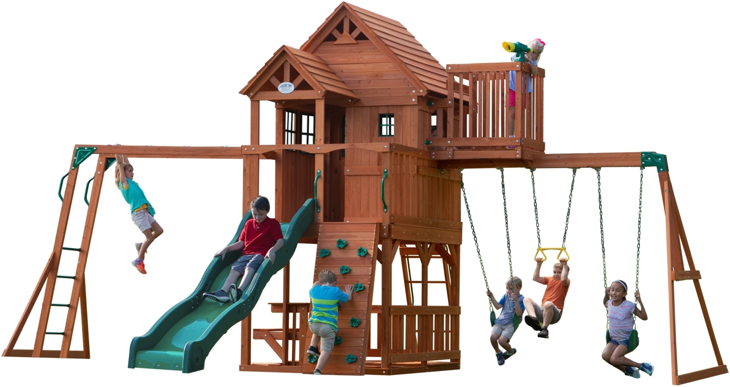 Backyard Discovery Spielturm Skyfort II aus Holz XXL Spielhaus für Kinder mit Rutsche, Schaukel, Trapezstange, Kletterwand und Aussichtsturm | Braun | Holz | 670 cm Bild 1