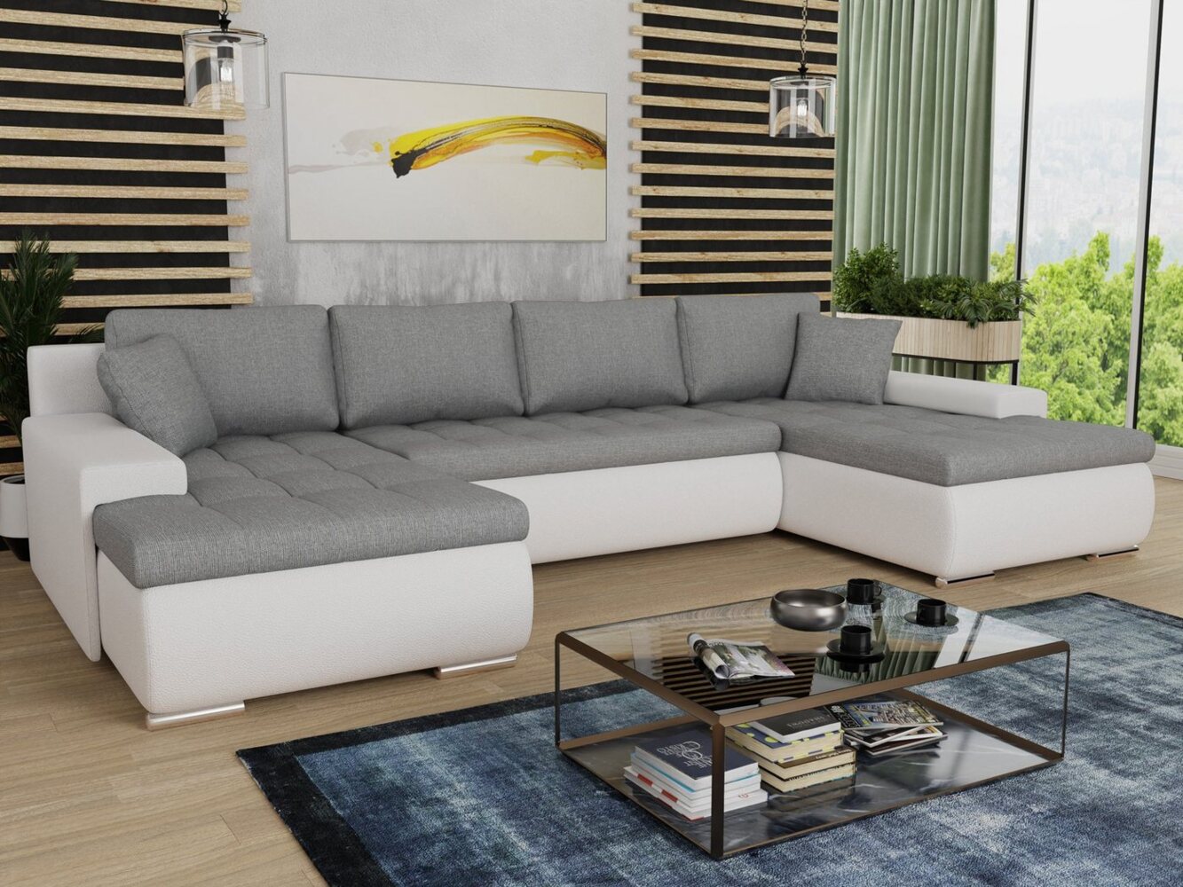 Wohnlandschaft mit Schlaffunktion Faris U-Form - Couch, Schlafsofa mit Bettkasten, Couchgranitur mit Bettfunktion, Big Sofa, Bettsofa (Weiß + Grau (Madryt 120 + Inari 91)) Bild 1