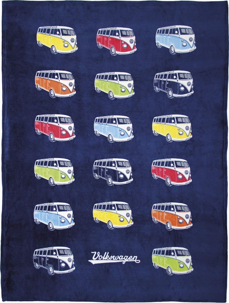 BRISA VW Collection - Weiche Volkswagen Kuschel-Fleece-Schmuse-Decke im T1 Bulli Bus Design (150x200cm/Bulli Parade/Bunt) Bild 1