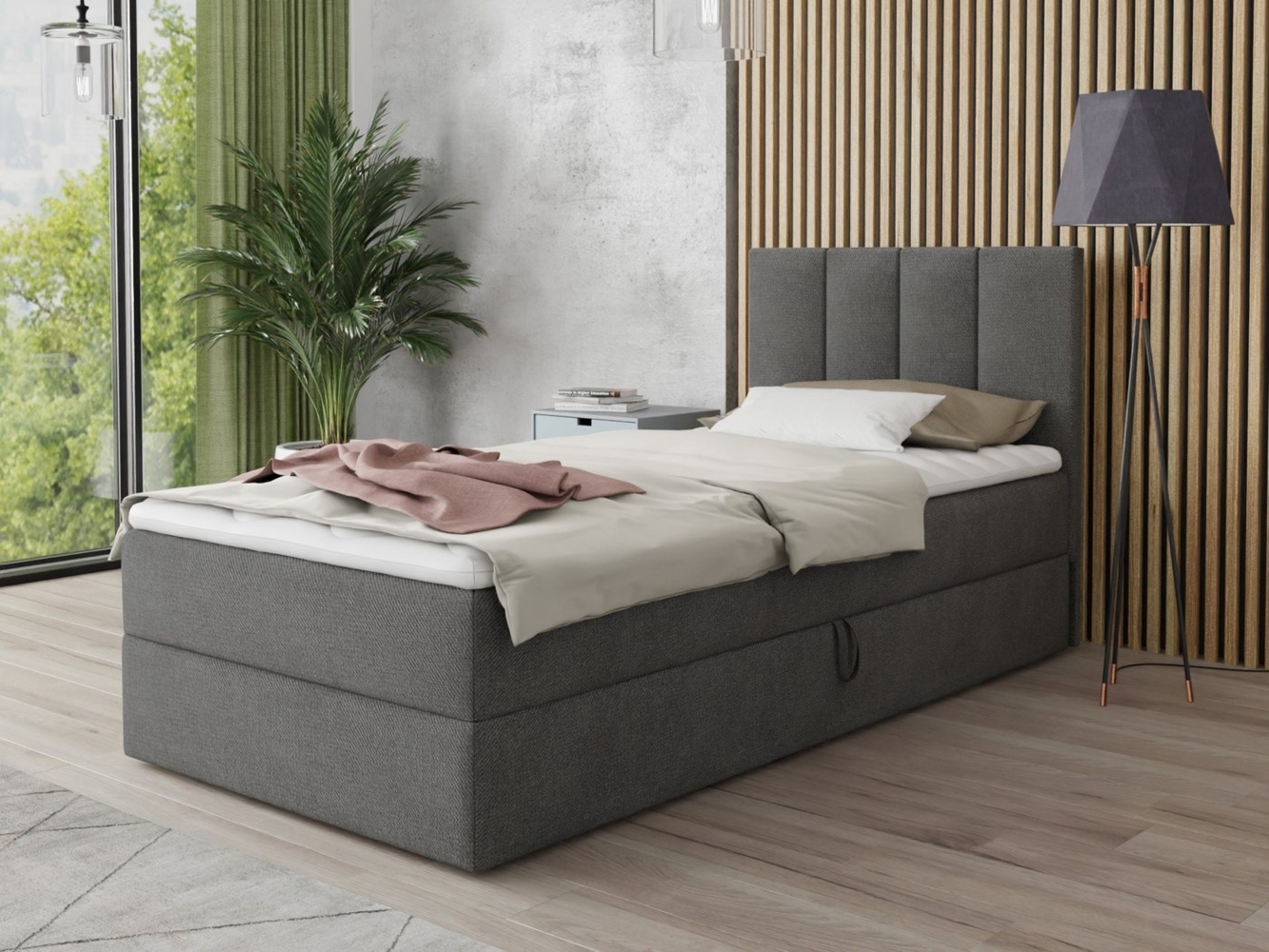 Boxspringbett Star Mini mit Bettkasten, Bonell-Matratze und Topper - Einzelbett mit Matratzentopper, Polsterbett, Bett, Schlafzimmer, Jugendzimmer (Dunkelgrau (Kronos 22), 80 x 200 cm) Bild 1