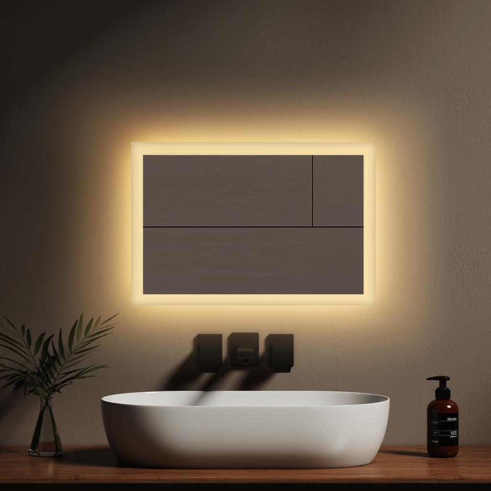 EMKE Badspiegel mit LED Beleuchtung 60x40cm Warmweiß Licht Wandschalter Horizontal/Vertikal Bild 1