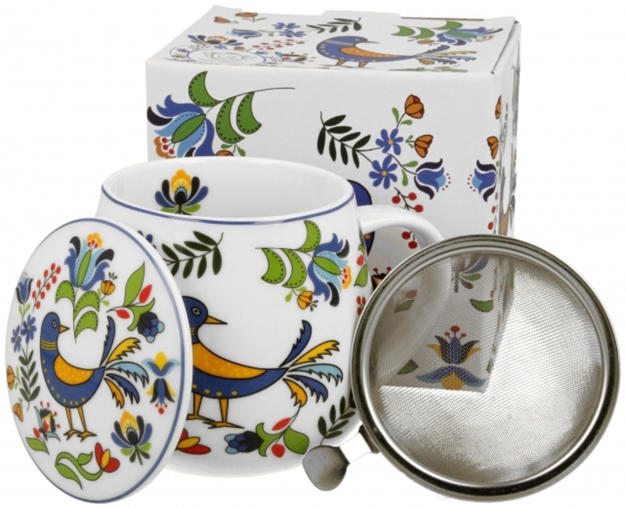 DUO ETNO Fassbecher 430 ml KASHUBIAN BIRD mit Teesieb, New Bone China Porzellan Bild 1