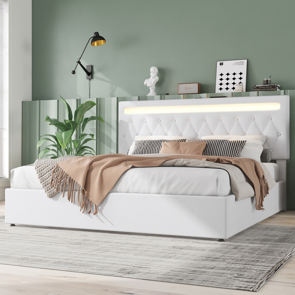 Gepolstertes Flachbett 180x200 cm mit Stauraum, hydraulisch, LED-Ambiente-Licht, USB-Anschluss, weiß Bild 1