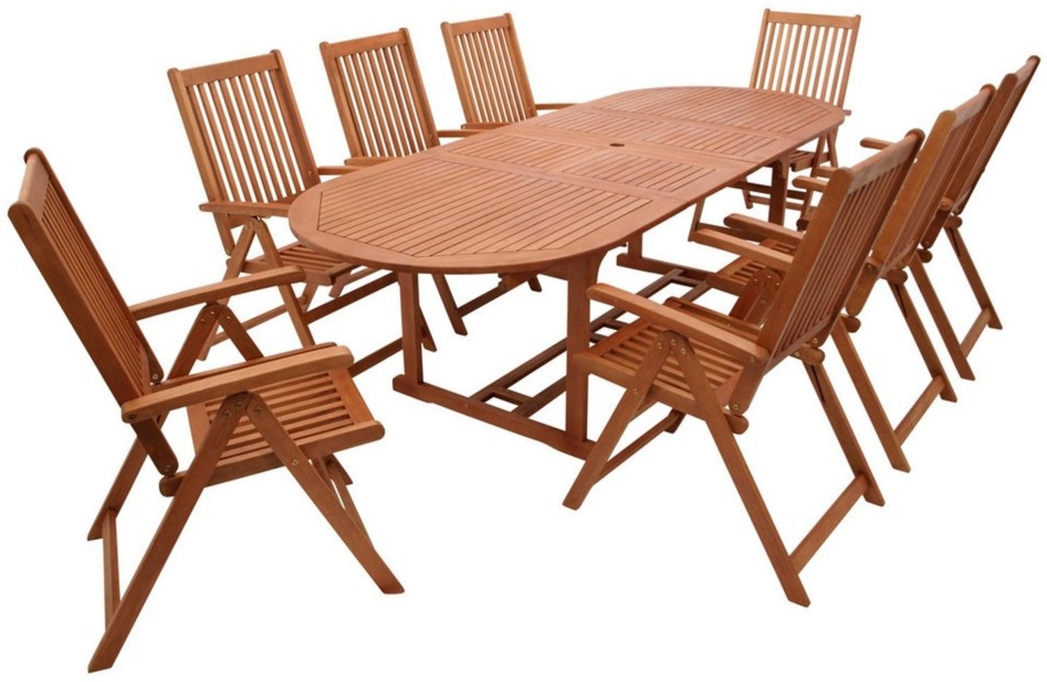 DEGAMO Garten-Essgruppe LAGO, (9-tlg), (8x Klappsessel, 1x Ausziehtisch 180/260x100 cm), Eukalyptus geölt Bild 1