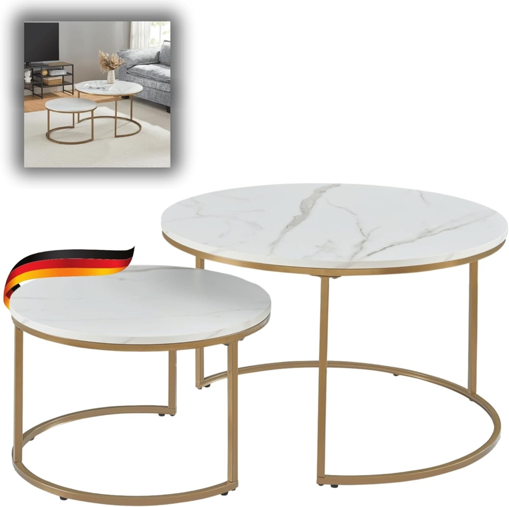 DELUKE® Couchtisch 2er Set JURG - runder Beistelltisch Satztisch Sofatisch rund Kaffeetisch Laptoptisch Abstelltisch Tisch für Couch klein Weiß/Gold Bild 1