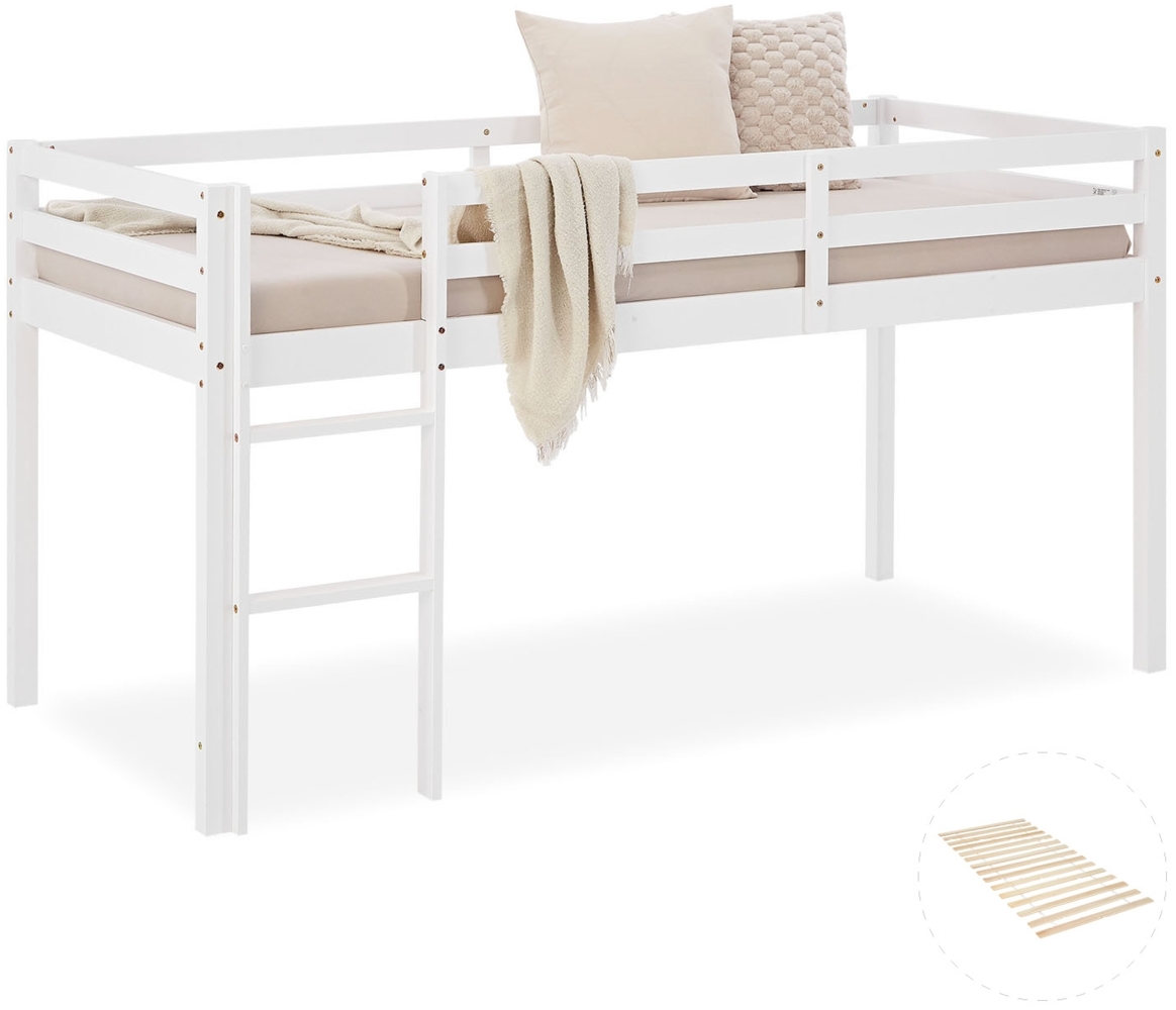 Hochbett mit Lattenrost Leiter 90x200 cm Kinderbett Weiß Holz Kiefer Massiv Stockbett Bild 1