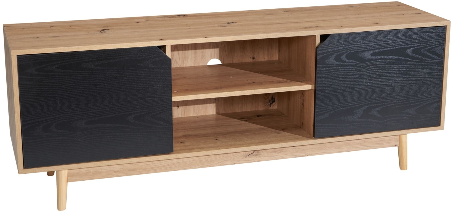 Lowboard Eiche-Dekor Schwarz 150 x 55 x 40 cm TV-Kommode Modern, Design TV-Schrank Hoch, Fernsehtisch Fernsehschrank mit zwei Türen, Fernsehkommode Wohnzimmer Bild 1