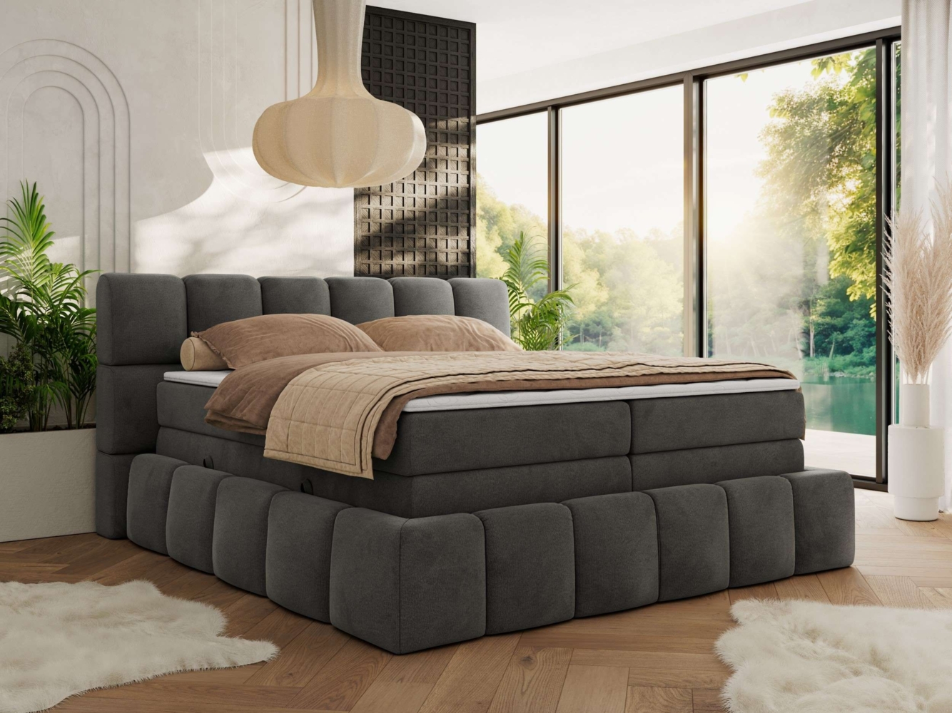 Boxspringbett NIRA KING, Doppelbett mit Fußteil, 7-Zonen Multipocket-Matratzen und Topper, Schlafzimmerbett - 200 x 200 cm - Dunkelgrau Velvet - H4 Bild 1