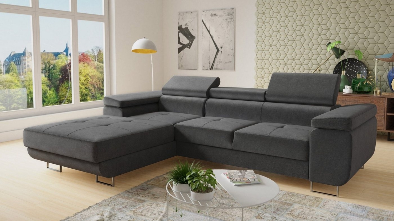 Ecksofa Divo mit Schlaffunktion, Bettkasten und einstellbare Kopfstützen (Grau (Kronos 22), Ecksofa Links) Bild 1