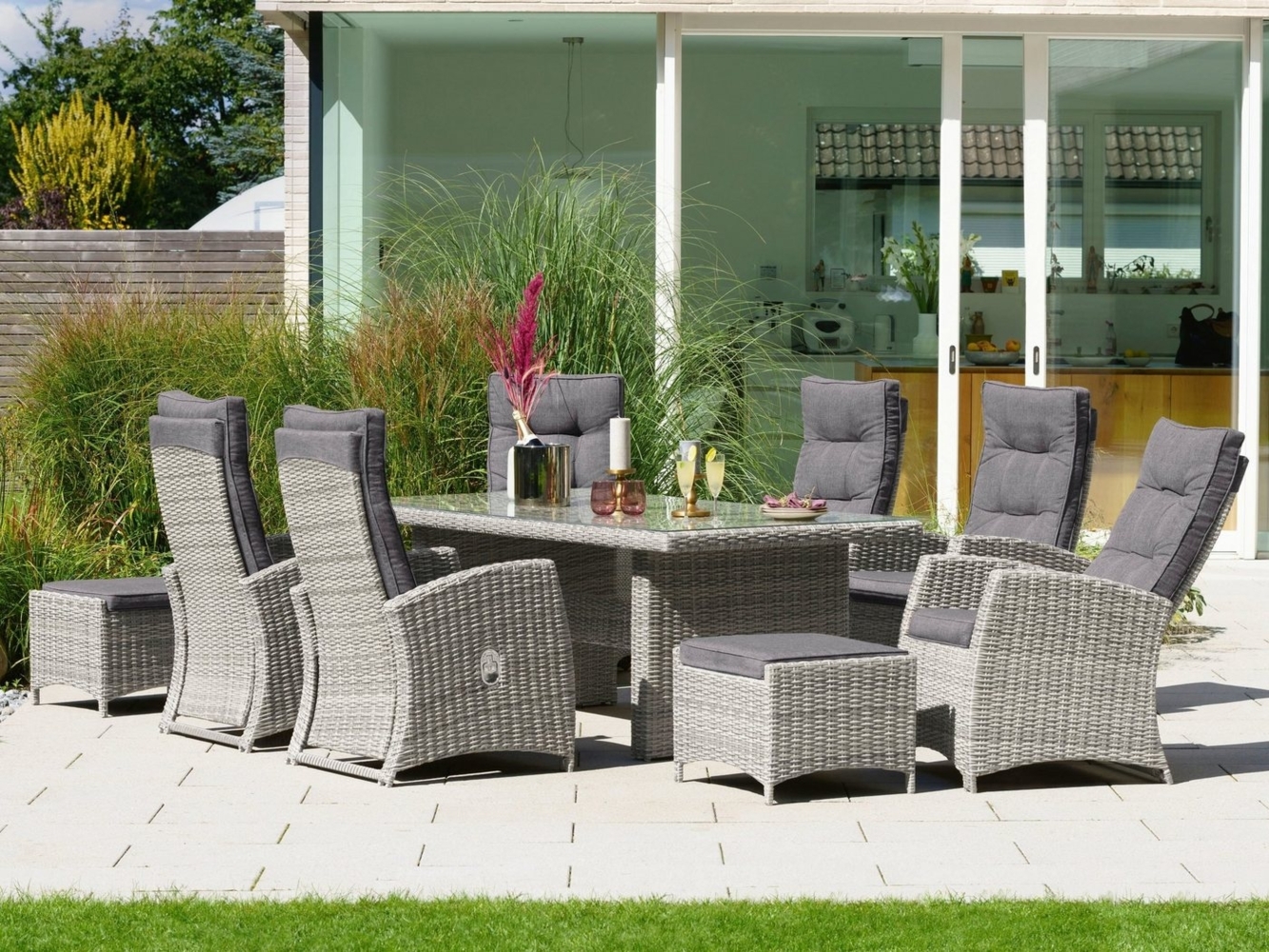 KONIFERA Garten-Essgruppe Monaco, (Set, 17-tlg, 6x Sessel, 2x Hocker, 1x Tisch 200 x 100 x 74 cm, inkl. Auflagen), Polyrattan, Aluminium, Rückenlehne verstellbar Bild 1