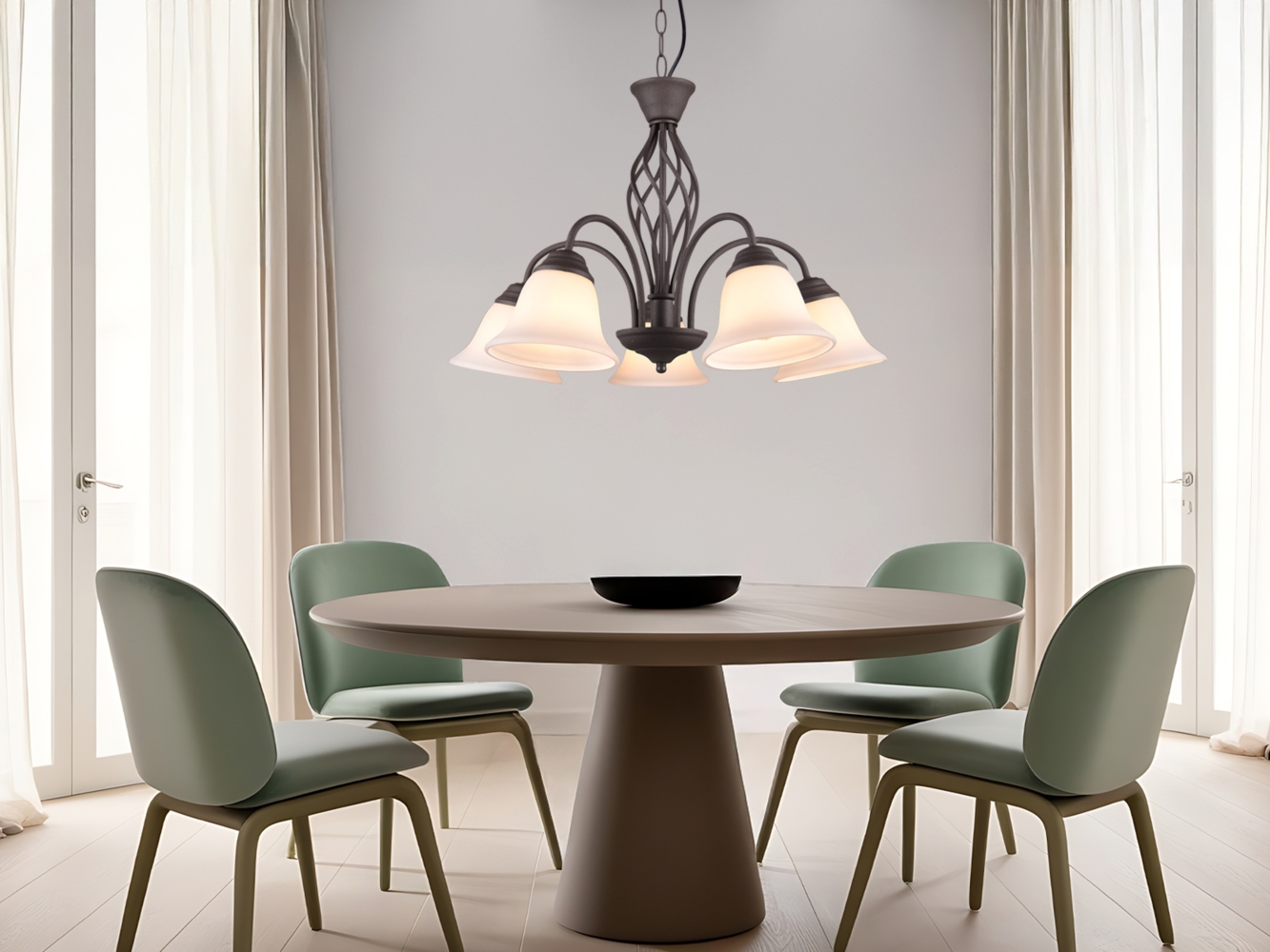 TRIO Leuchten LED Kronleuchter, LED wechselbar, Warmweiß, Esstisch-lampe Landhausstil in Rostoptik mit 5 Glas Lampenschirm Ø60cm Bild 1