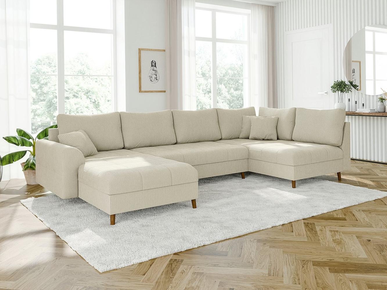 S-Style Möbel Wohnlandschaft Zara mit Braun Holzfüßen im skandinavischen Stil aus Cord-Stoff, Ottomane links oder rechts bestellbar, mit Wellenfederung Bild 1