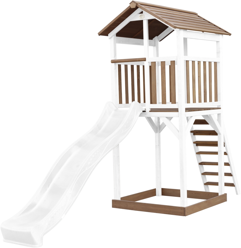 AXI Beach Tower Spielturm aus Holz in Braun & Weiß Spielhaus für Kinder mit weißer Rutsche und Sandkasten | Braun, weiß | Holz | 349 cm Bild 1