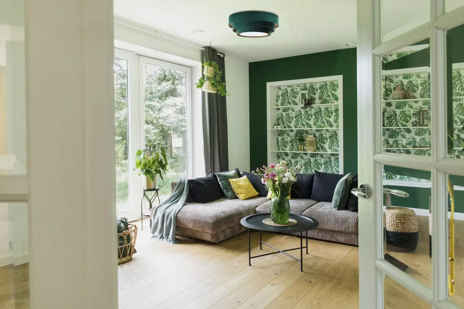 BPS Koncept 050-2EP-003 Deckenleuchte TRINITY 2xE27 60W Velours auf PVC-Kunststoff grün, weiß H:23cm Ø60cm dimmbar Bild 1