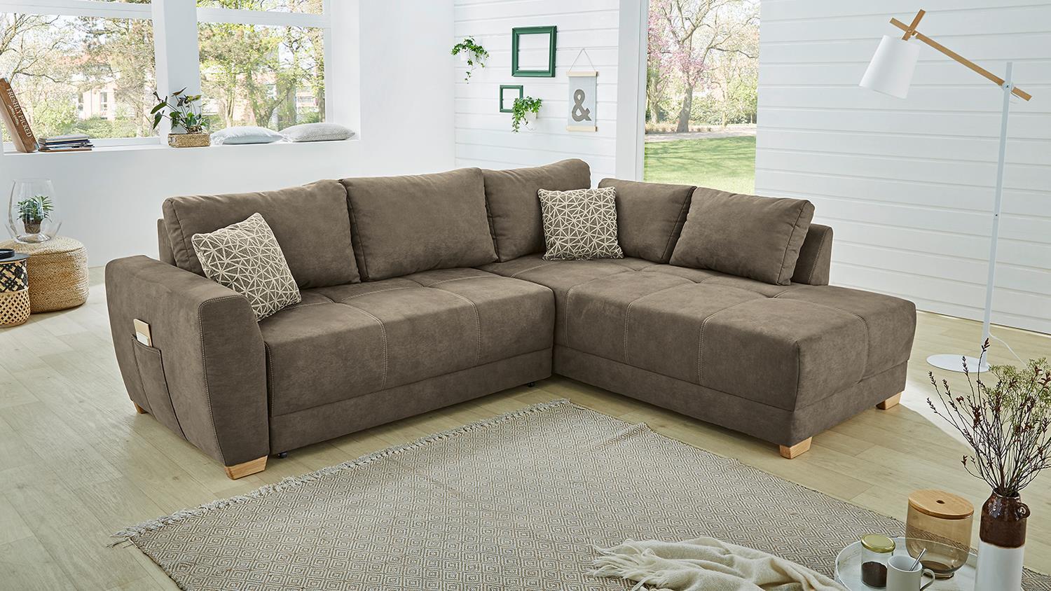 Ecksofa LUZERN in Stoff Vintage hellbraun Schlaffunktion Bild 1