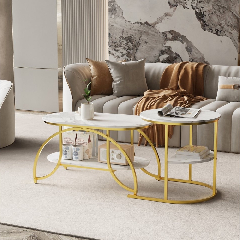 Gdood Couchtisch Rund Kaffeetisch Beistelltisch Satztische 2er Set (2-St, Ideal für Wohnzimmer & Büro, Platzsparendes stapelbares Design), Mit Marmormuster Tischplatte, 80 x 46 x 45 cm + 52x51 cm Bild 1