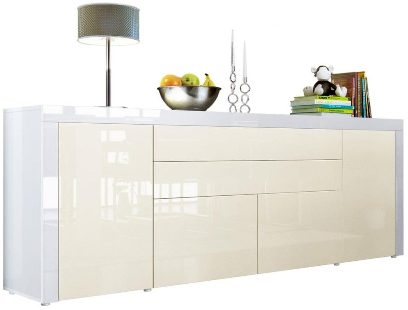 Vladon Sideboard La Paz V2, Kommode mit 2 Türen, 2 Schubkästen und 2 Klappen, Weiß Hochglanz/Creme Hochglanz/Weiß Hochglanz (200 x 72 x 35 cm) Bild 1