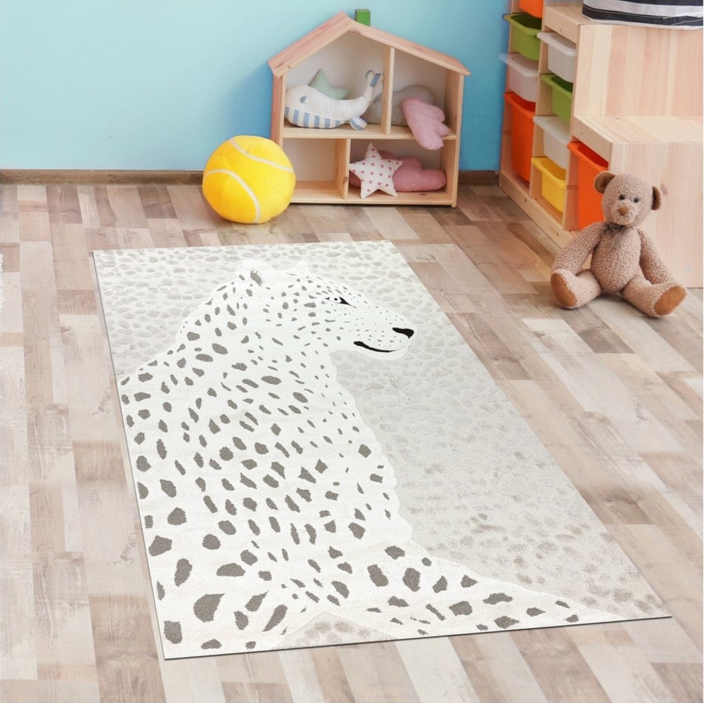 Carpetia Teppich Kinderzimmer Teppich Weich Leopard 3d-effekt in creme grau, rechteckig Bild 1