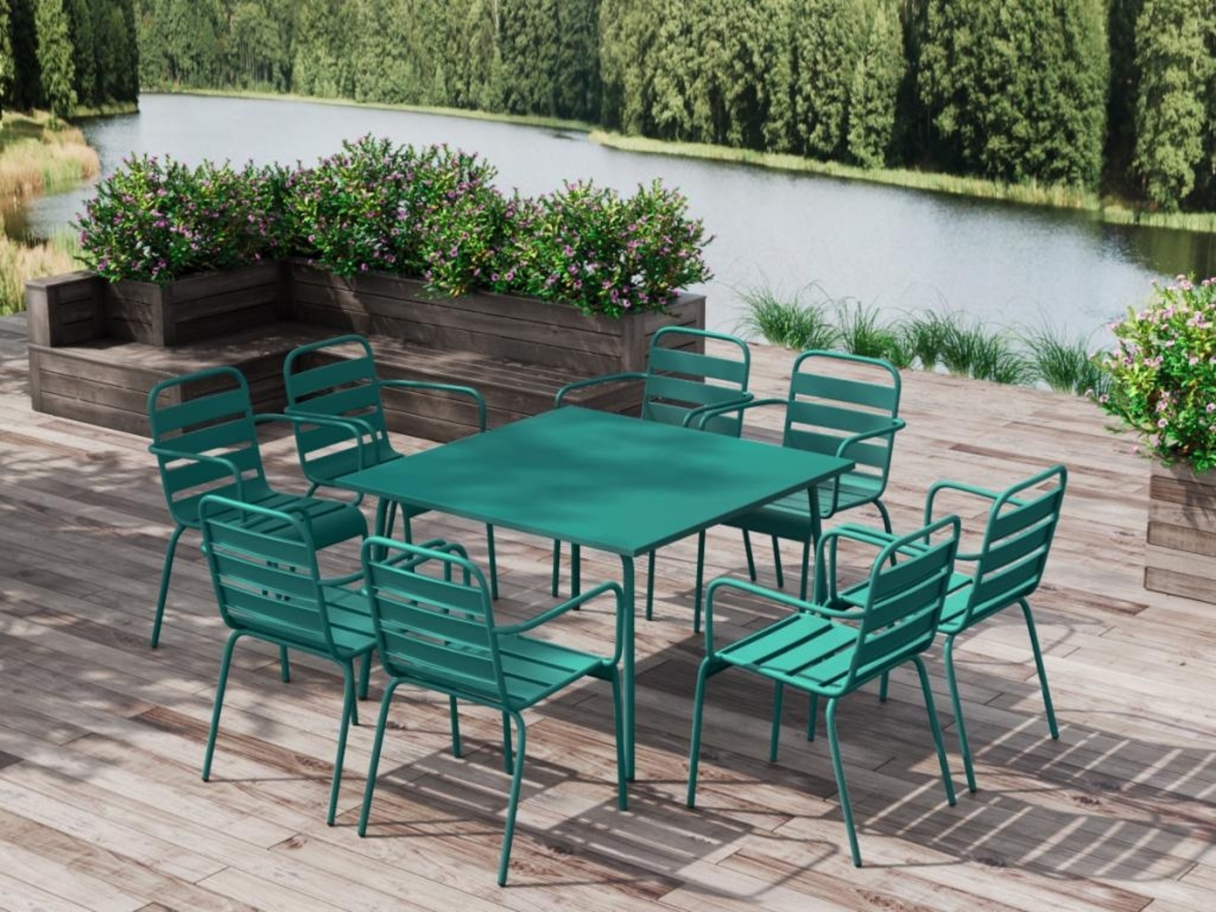 Vente-unique - Garten-Essgruppe: Tisch L. 120 cm + 8 stapelbare Sessel - Metall - Blau - MIRMANDE von MYLIA Bild 1