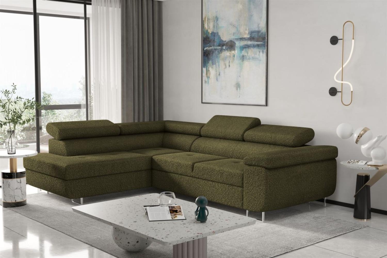 Couchgarnitur JADE Stoff Olive mit Schlaffunktion Ottomane Links Bild 1