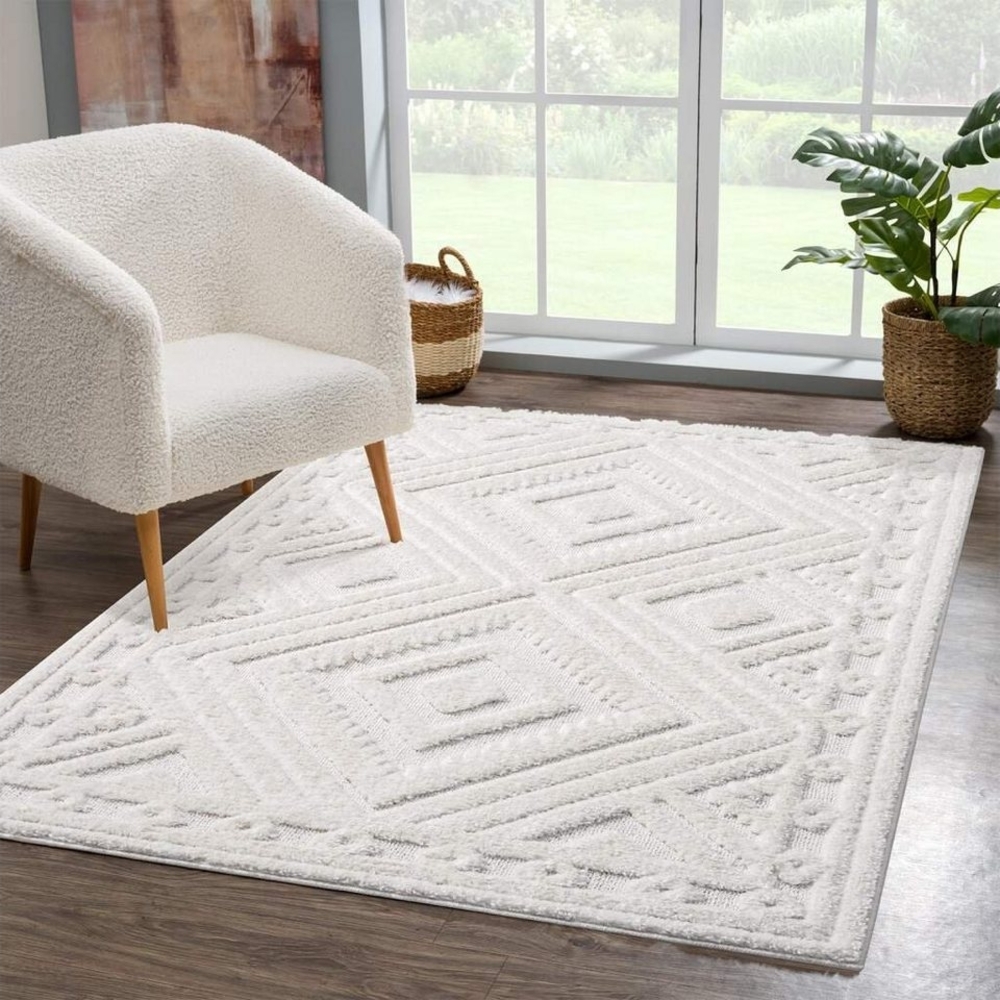 carpet city Teppich Hochflor Wohnzimmer - 160x230 cm - Einfarbig Weiß/Creme - Hochtief-Muster/ 3D-Effekt Raute - Shaggy Teppiche Schlafzimmer Boho, Scandi Bild 1