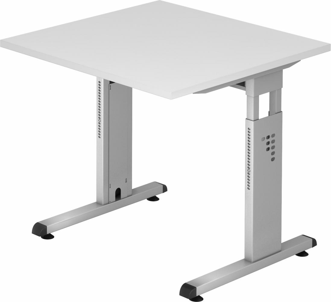 bümö höhenverstellbarer Schreibtisch O-Serie 80x80 cm in weiß, Gestell in Silber - PC Tisch klein für's Büro manuell höhenverstellbar, Computertisch verstellbar, OS-08-W-S Bild 1